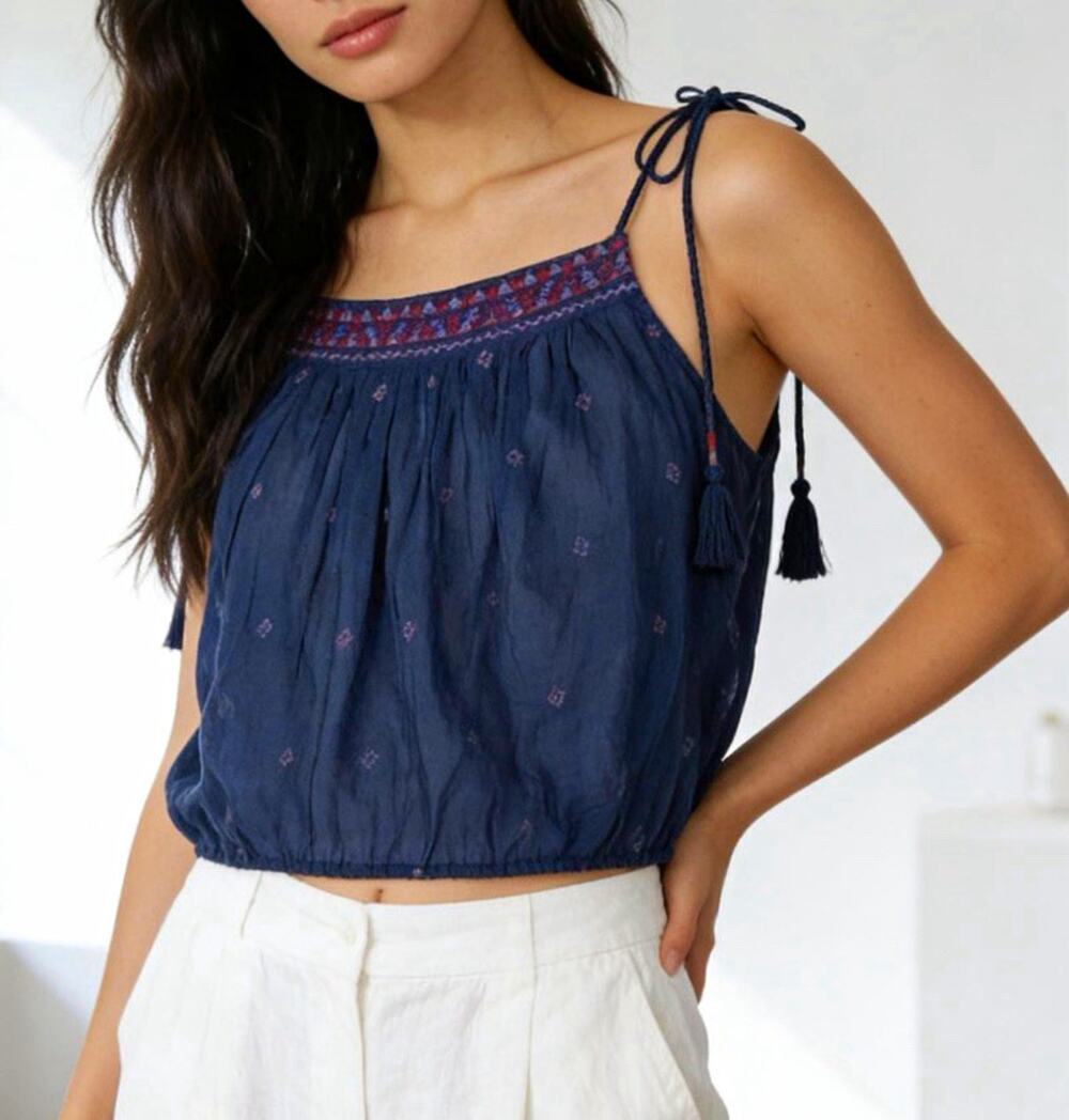 Free People Eternal Love Blue Boho Embroidered Cropped Tank Top Adjustable